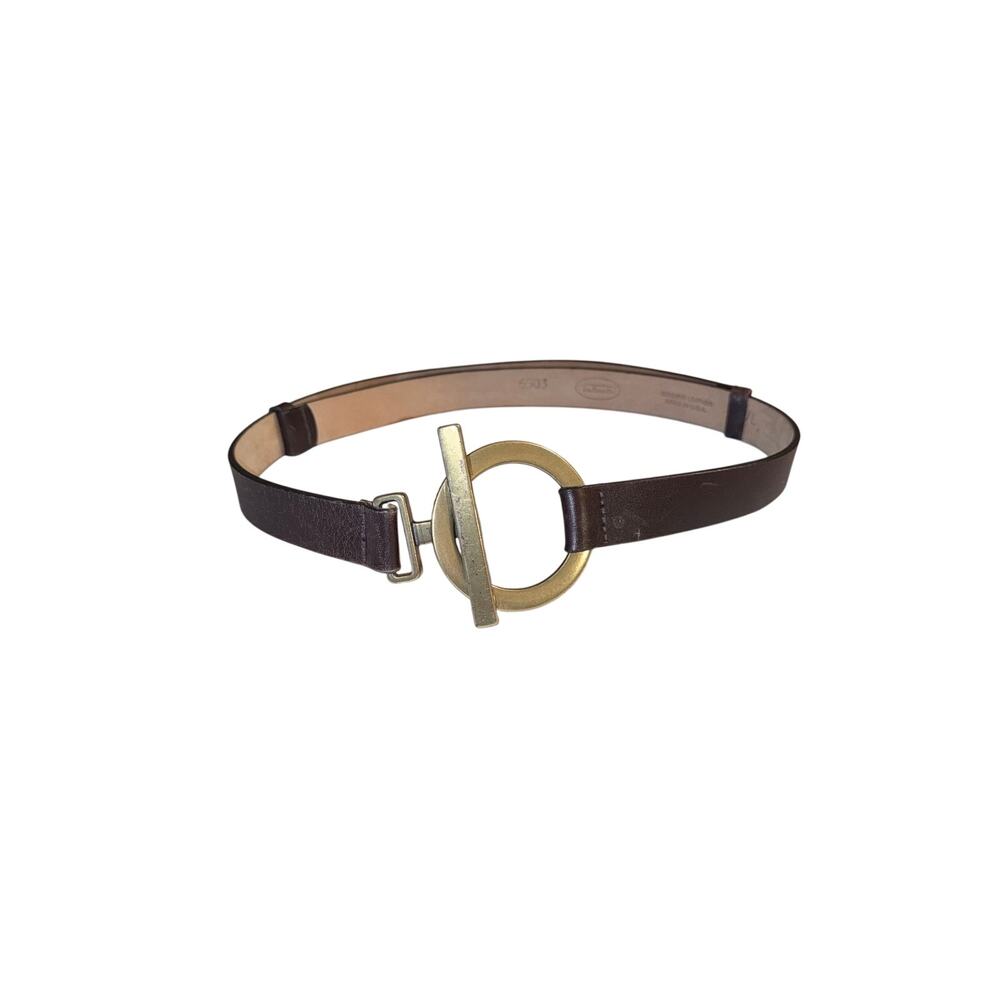 Talbots genuine leather brown slide toggle belt brushed gold finish 18-36 waist
